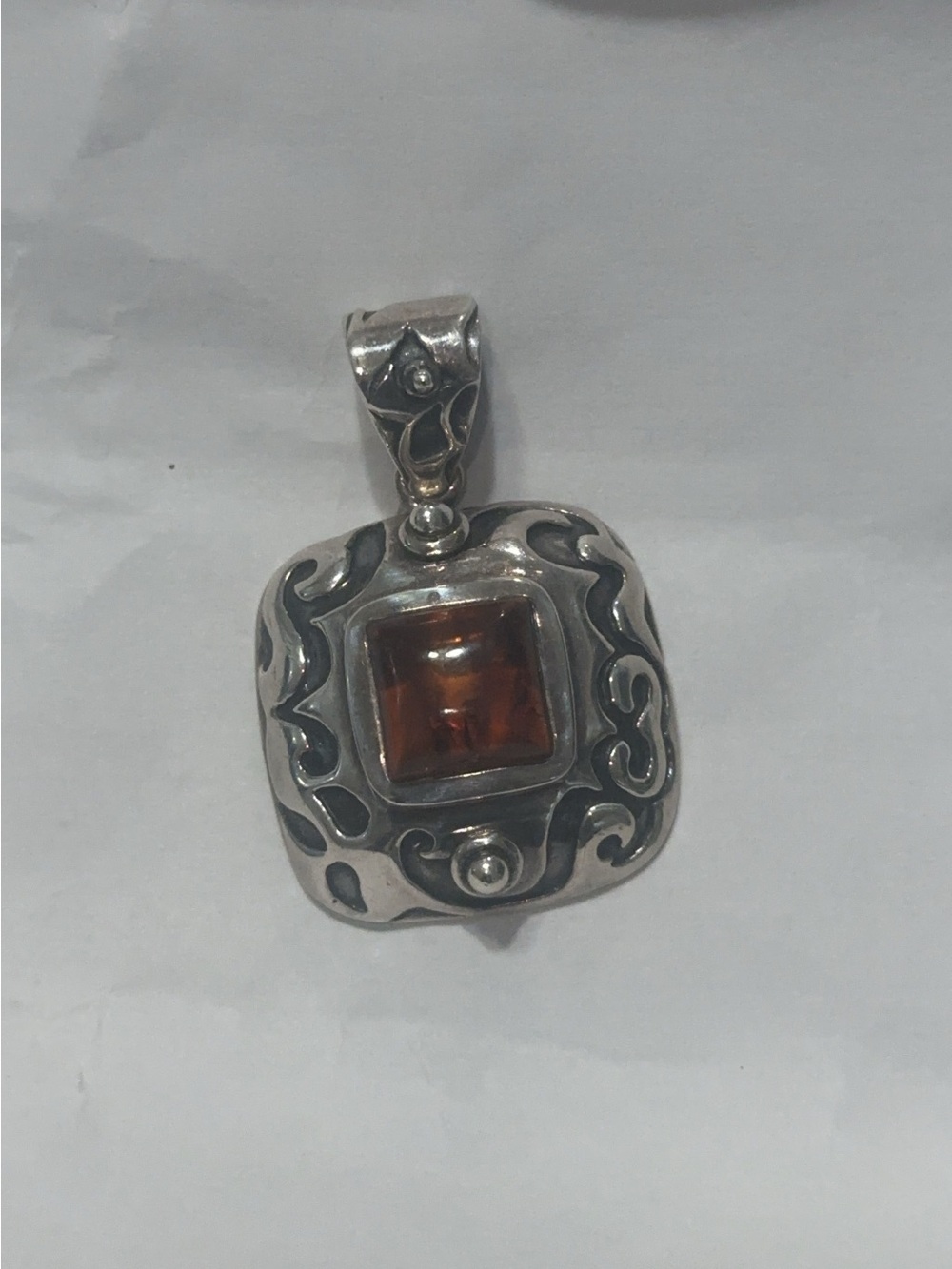 Sterling Silver Amber Square Pendant - Brown Gem Accent